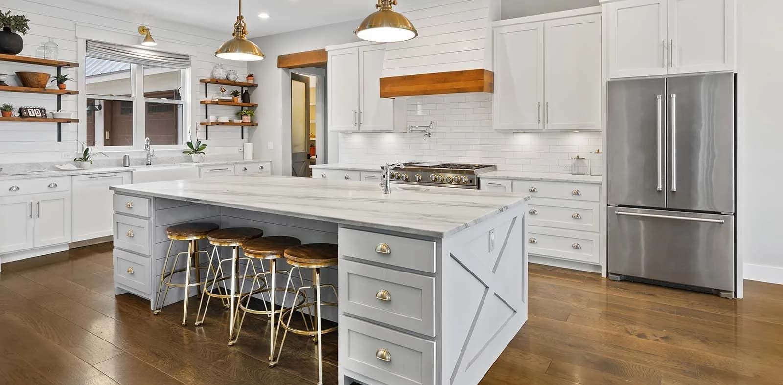 Refaced cabinets and drawer fronts in a bright kitchen