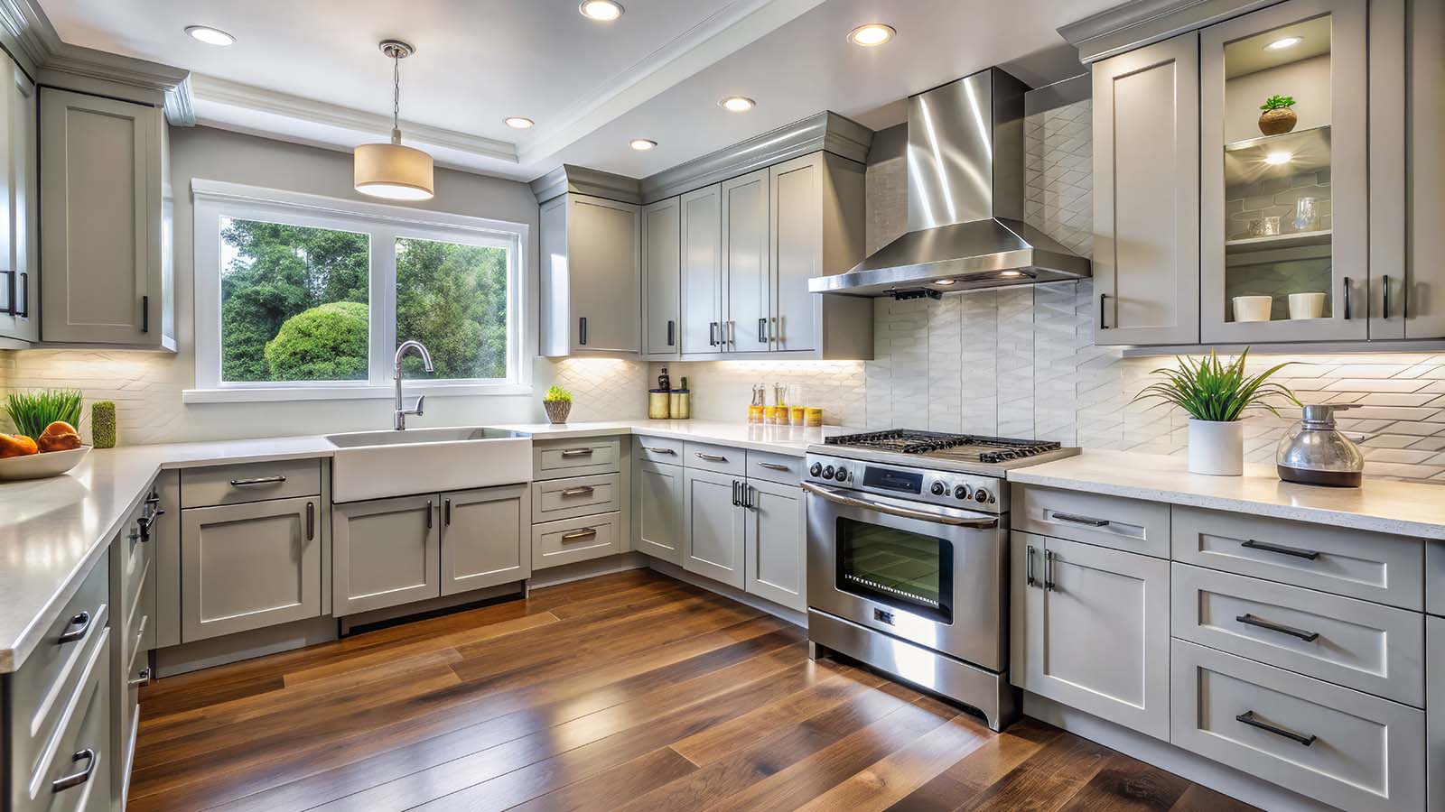 A refaced kitchen with grey shaker cabinets, an apron sink and hardwood floors